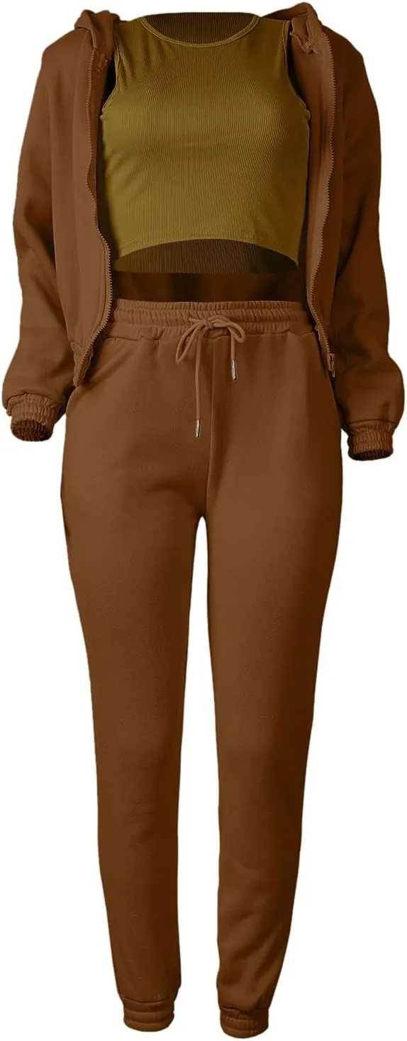 Women's Casual Tracksuit 3 Piece Outfits Sets Solid Color Zipper Hooded Sweatshirt Pants and Top Vest Jogger Outfits