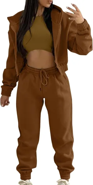 Women's Casual Tracksuit 3 Piece Outfits Sets Solid Color Zipper Hooded Sweatshirt Pants and Top Vest Jogger Outfits