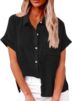 Womens Cotton Linen Button Down Shirt Summer Casual Short Sleeve Solid Color T Shirts Loose Work Tops with Pockets