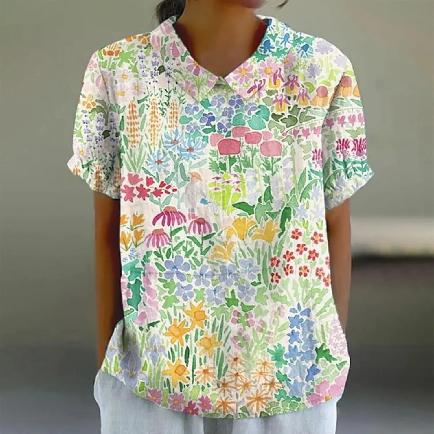 Womens Cotton Linen Short Sleeve T Shirts Casual Ruffled Trim Blouses Summer Cute Solid Tops Tunic Tee