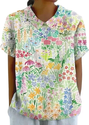 Womens Cotton Linen Short Sleeve T Shirts Casual Ruffled Trim Blouses Summer Cute Solid Tops Tunic Tee