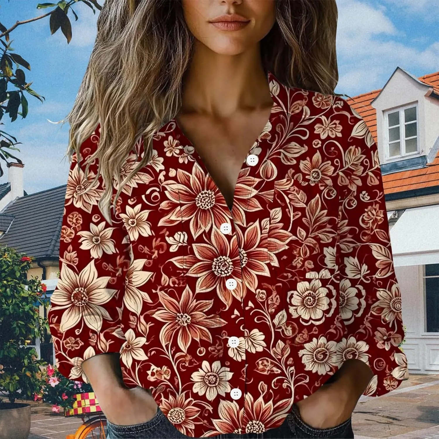 Womens Ethnic Linen Shirts Floral Print Long Sleeve V Neck Button Down Shirt Vintage Boho Blouses Gauze Tunic Tops
