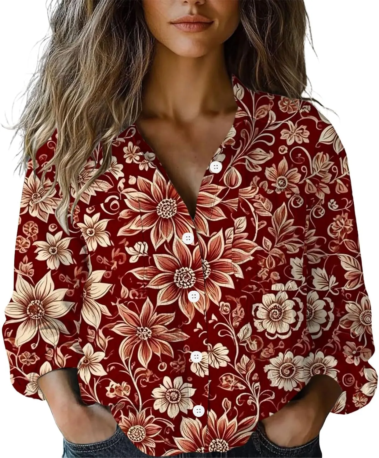 Womens Ethnic Linen Shirts Floral Print Long Sleeve V Neck Button Down Shirt Vintage Boho Blouses Gauze Tunic Tops
