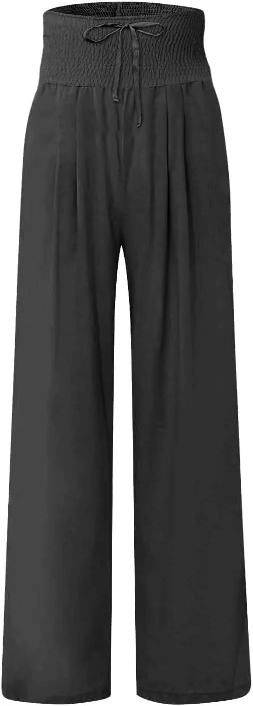 Women's Fashion High Waist Casual Bow Tie Pants Casual Palazzo Long Trousers Summer Beach Linen Pant with Pocket