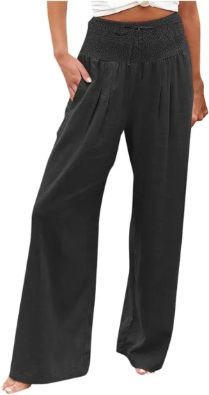 Women's Fashion High Waist Casual Bow Tie Pants Casual Palazzo Long Trousers Summer Beach Linen Pant with Pocket
