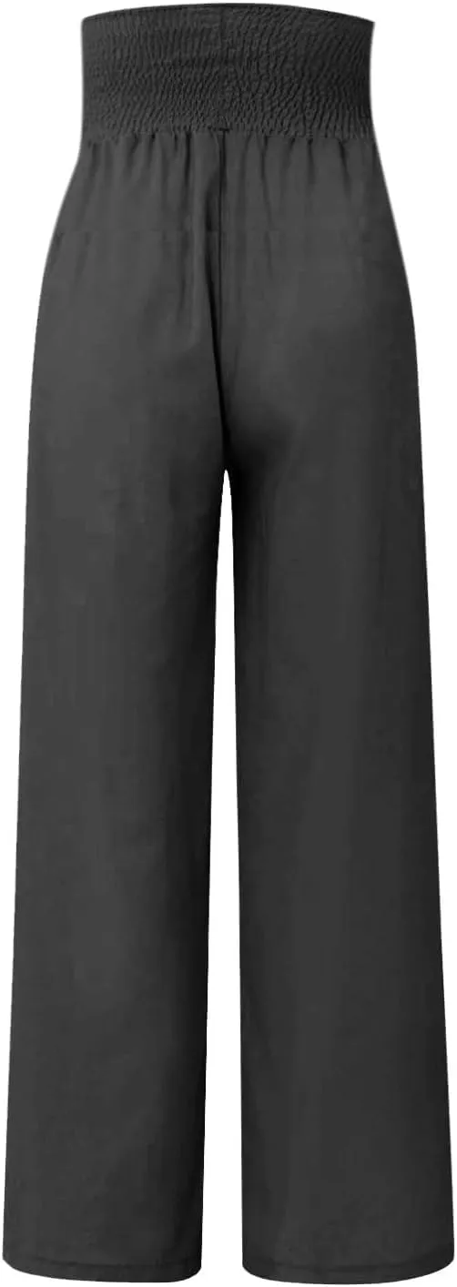 Women's Fashion High Waist Casual Bow Tie Pants Casual Palazzo Long Trousers Summer Beach Linen Pant with Pocket
