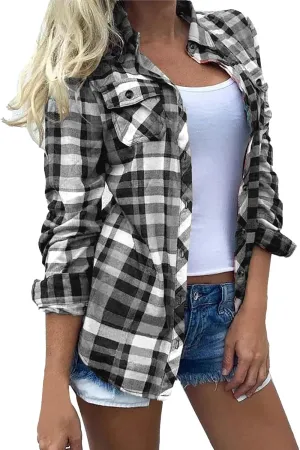 Womens Fashion Shirts Plaid Color Block Lapel Collar Roll Up Long Sleeve Button Cardigan Loose Fit Work Party Blouse