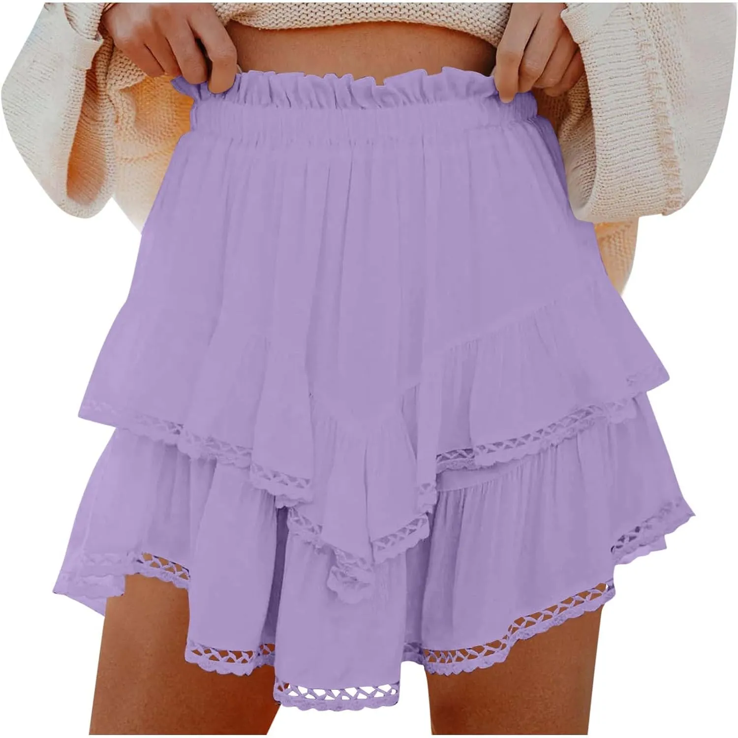Women's Flowy Shorts High Waist Pleated Mini Skirts Casual Boho Ruffle Tiered Skorts Cute Comfort Cotton Shorts