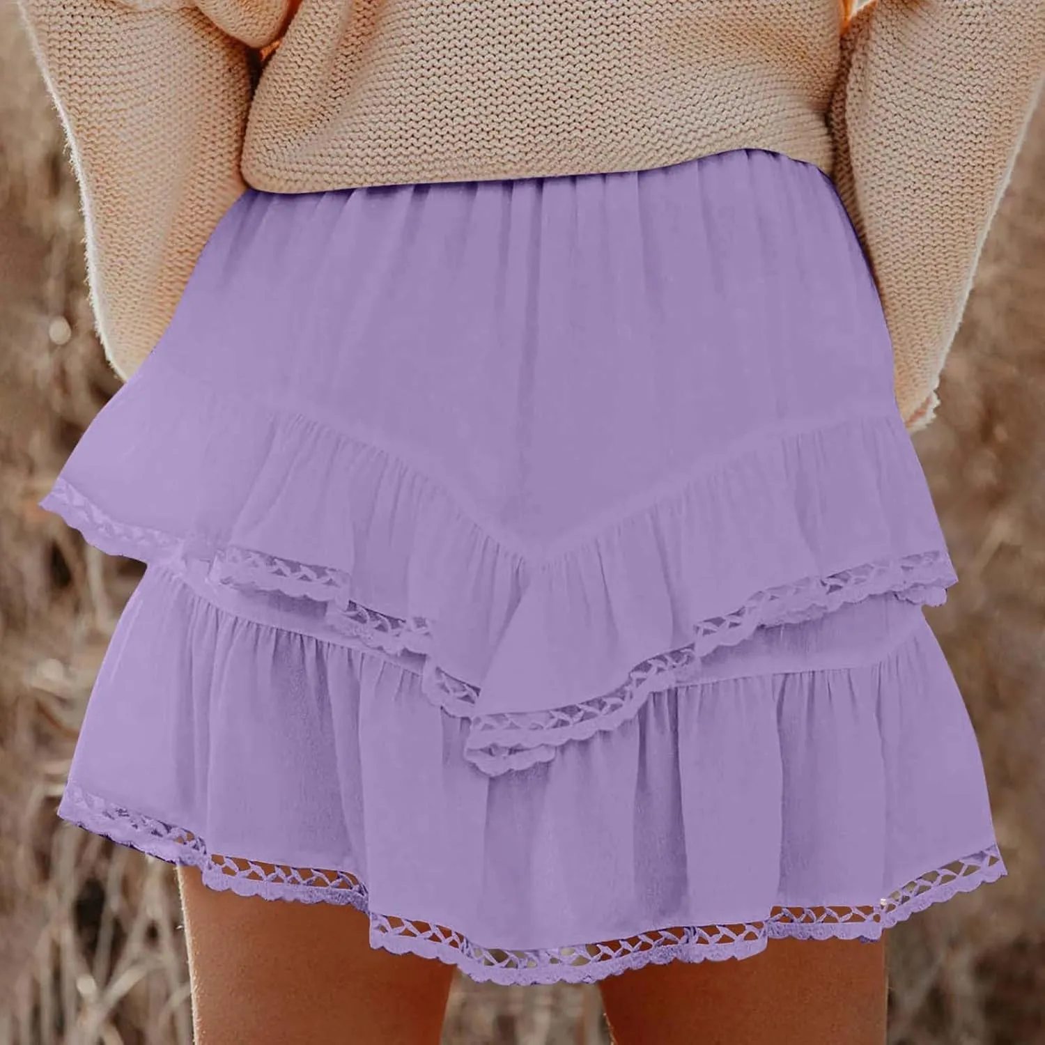 Women's Flowy Shorts High Waist Pleated Mini Skirts Casual Boho Ruffle Tiered Skorts Cute Comfort Cotton Shorts