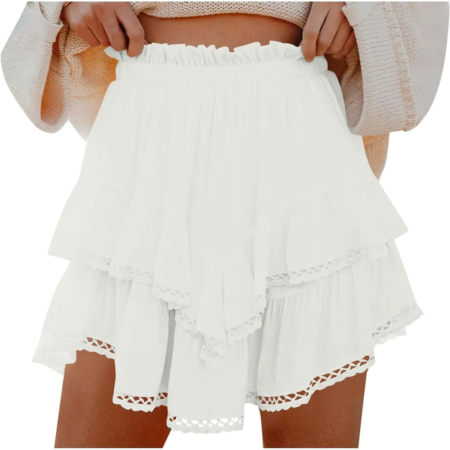 Women's Flowy Shorts High Waist Pleated Mini Skirts Casual Boho Ruffle Tiered Skorts Cute Comfort Cotton Shorts