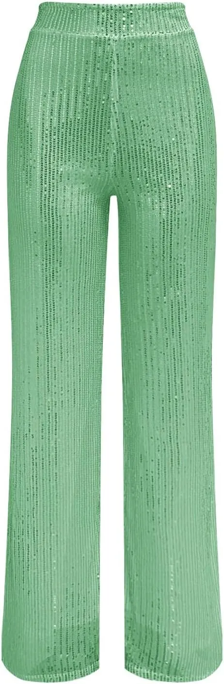 Women's Glitter Wide Leg Pants Women's Solid Color Sequins Fashion Casual Straight Pants Casual Loose Long Pant