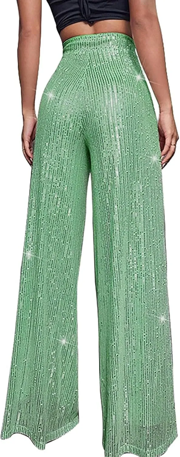 Women's Glitter Wide Leg Pants Women's Solid Color Sequins Fashion Casual Straight Pants Casual Loose Long Pant