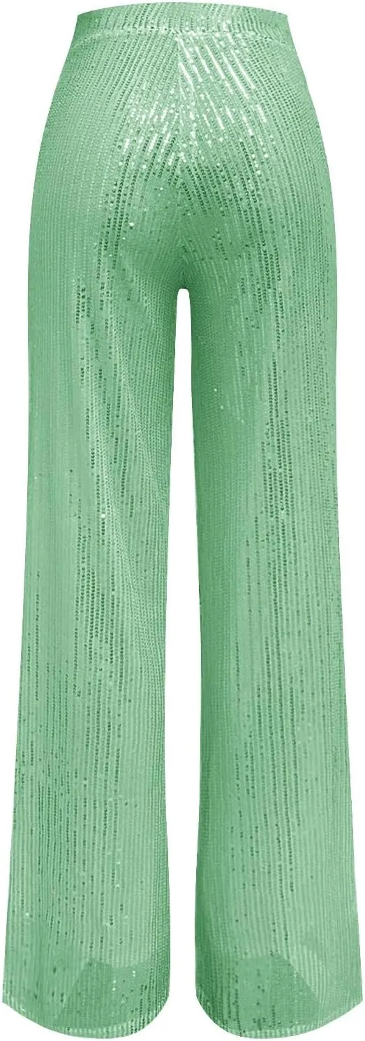 Women's Glitter Wide Leg Pants Women's Solid Color Sequins Fashion Casual Straight Pants Casual Loose Long Pant