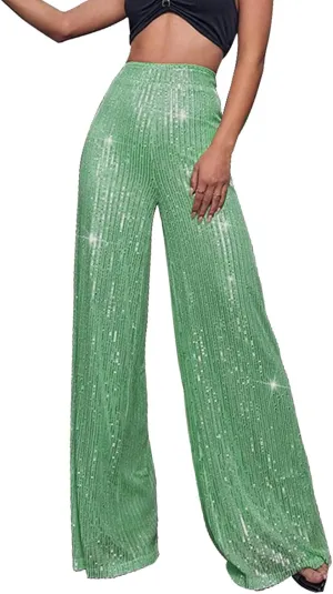 Women's Glitter Wide Leg Pants Women's Solid Color Sequins Fashion Casual Straight Pants Casual Loose Long Pant