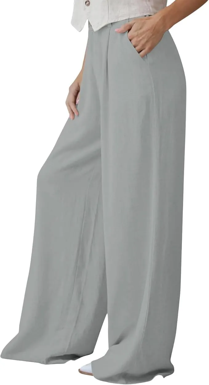 Womens High Waist Drape Button Wide-Leg Pants Casual Dress Trendy Office Work Palazzo Trousers Loose Stretch Pant