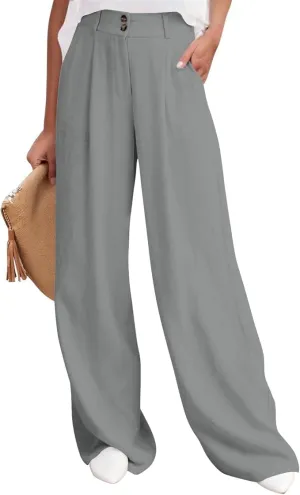 Womens High Waist Drape Button Wide-Leg Pants Casual Dress Trendy Office Work Palazzo Trousers Loose Stretch Pant
