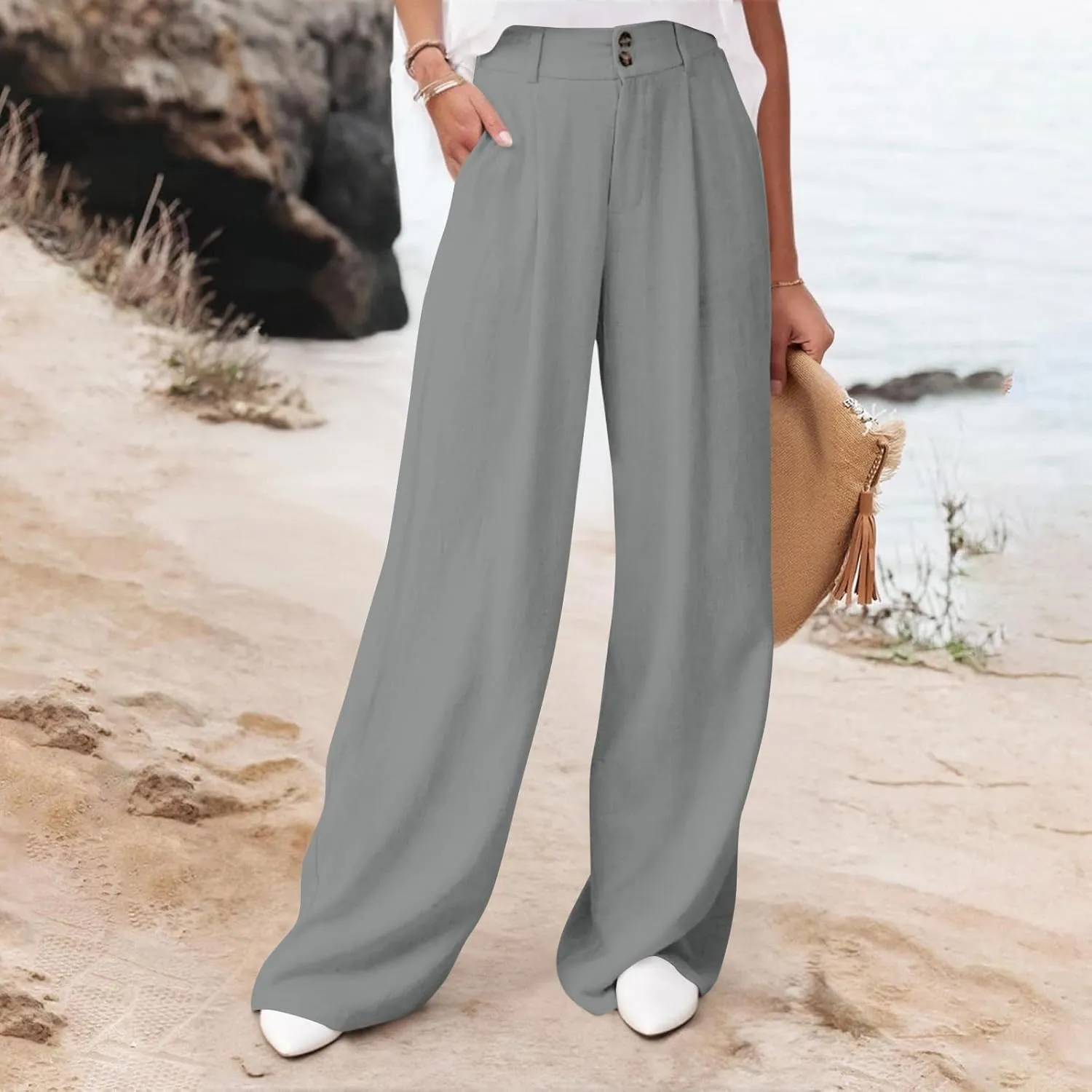 Womens High Waist Drape Button Wide-Leg Pants Casual Dress Trendy Office Work Palazzo Trousers Loose Stretch Pant