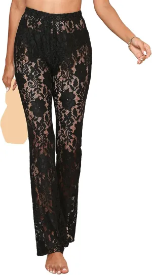 Women's High Waist Lace Pants Drawstring See Through Trousers Slim Fit Flare Pants Sheer Mesh Beach Bottoms