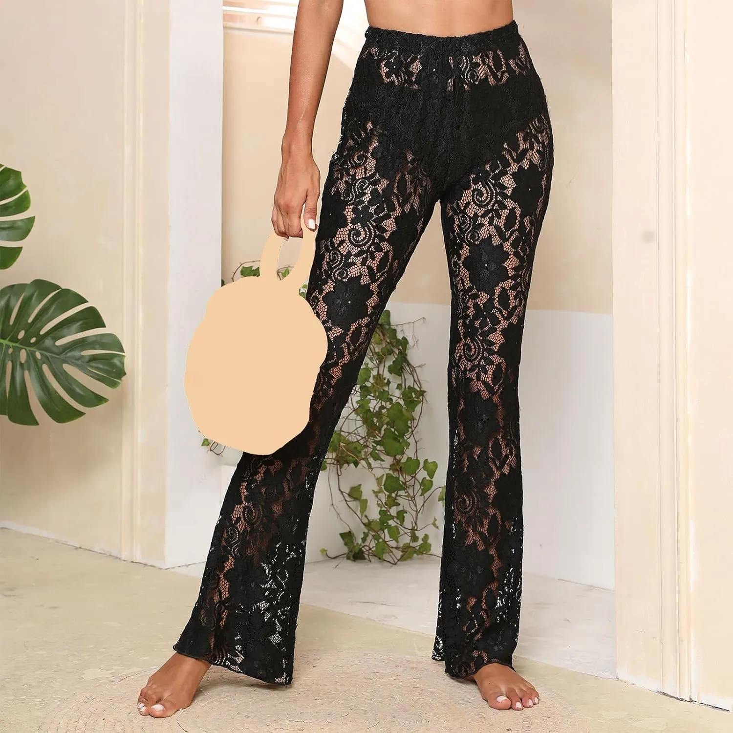 Women's High Waist Lace Pants Drawstring See Through Trousers Slim Fit Flare Pants Sheer Mesh Beach Bottoms