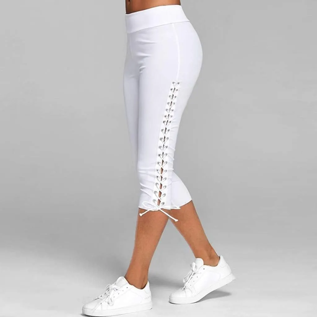 Women's High Waist Solid Lace Up Capri Pants Fashion Lightweight Breathable Straight Leg Cropped Trousers Cotton Soft Pant
