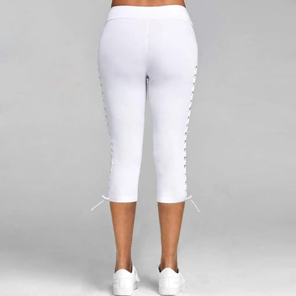 Women's High Waist Solid Lace Up Capri Pants Fashion Lightweight Breathable Straight Leg Cropped Trousers Cotton Soft Pant