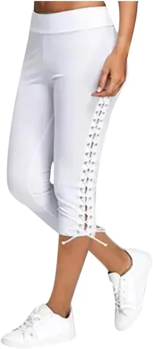 Women's High Waist Solid Lace Up Capri Pants Fashion Lightweight Breathable Straight Leg Cropped Trousers Cotton Soft Pant