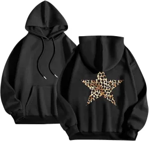 Women's Hoodies Oversized Sweatshirts Long Sleeve Y2k Leopard Star Print Pullover Tops Fall Winter Top with Pocket