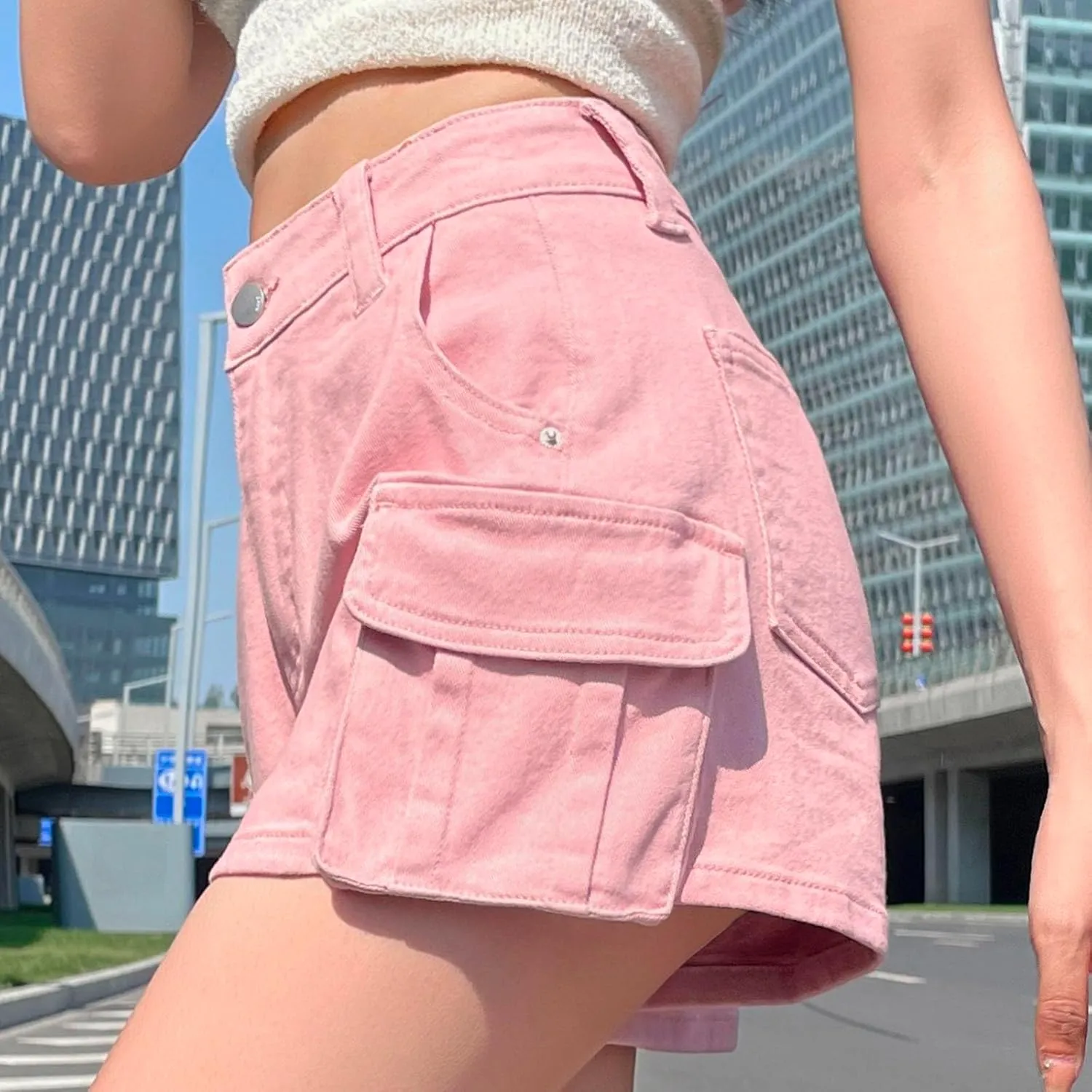 Womens Jean Shorts High Waisted Stretchy Denim Shorts Casual Straight Leg A-line Cargo Shorts Jeans with Side Pocket