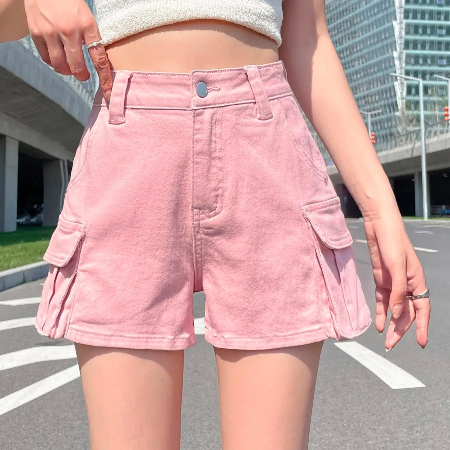 Womens Jean Shorts High Waisted Stretchy Denim Shorts Casual Straight Leg A-line Cargo Shorts Jeans with Side Pocket