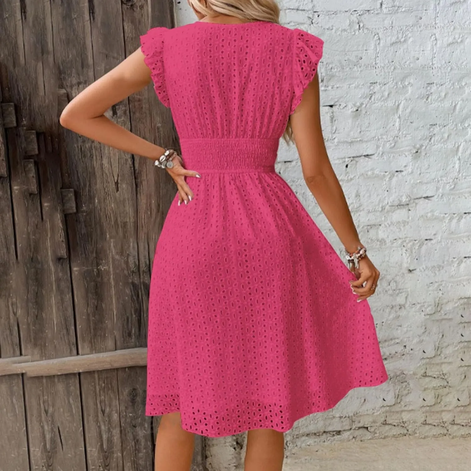 Women's Lace Jacquard Cutout Maxi Dress Summer Casual Boho Dress Ruffle Sleeve A Line Dresses Flowy Swing Sun Dress