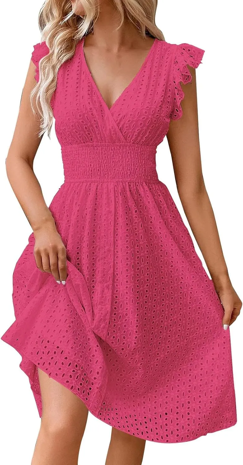 Women's Lace Jacquard Cutout Maxi Dress Summer Casual Boho Dress Ruffle Sleeve A Line Dresses Flowy Swing Sun Dress