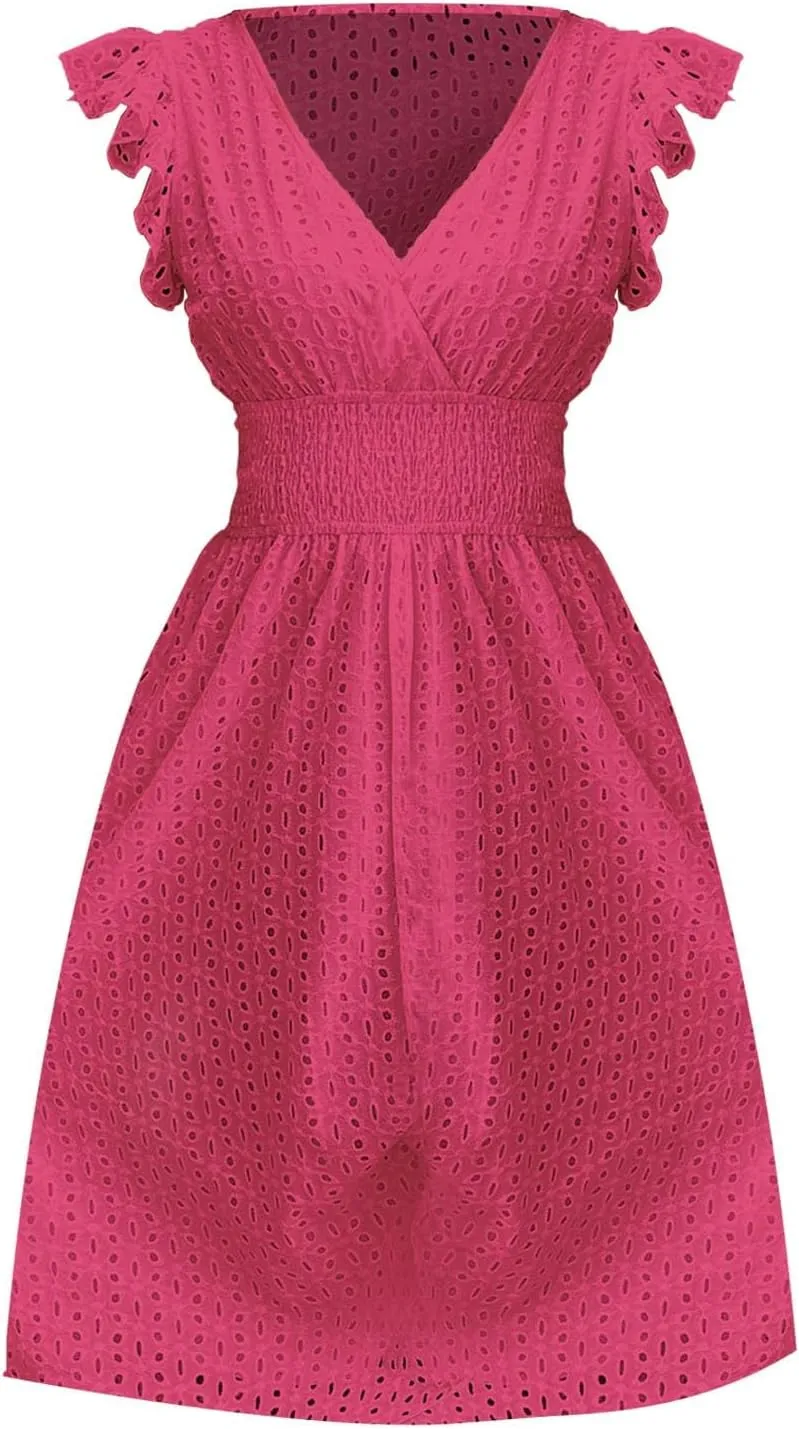 Women's Lace Jacquard Cutout Maxi Dress Summer Casual Boho Dress Ruffle Sleeve A Line Dresses Flowy Swing Sun Dress