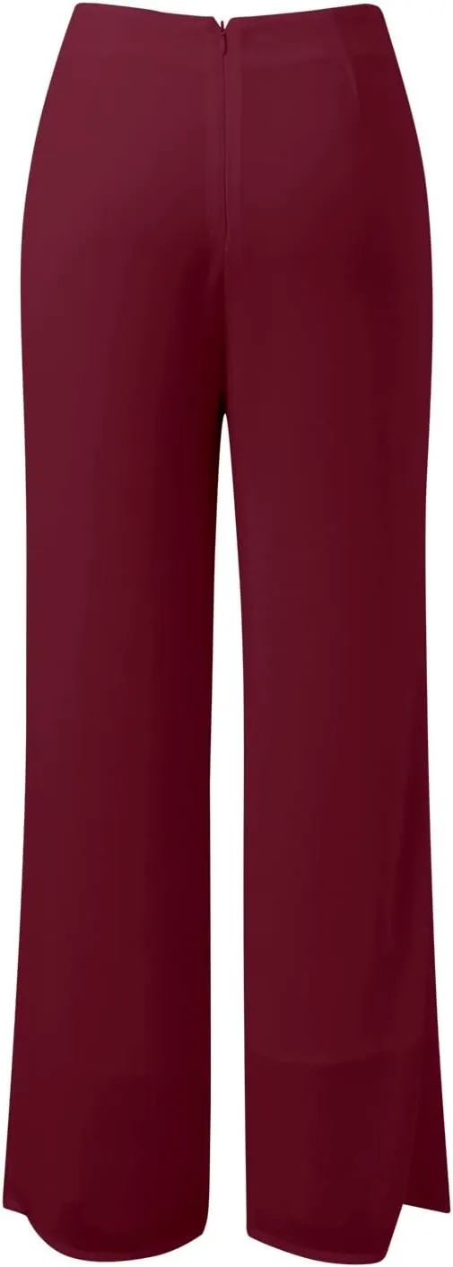 Women's Lightweight Chiffon Straight Suit Pants High Elastic Waist Flowing Trousers Flared Wide Leg Wedding Culottes