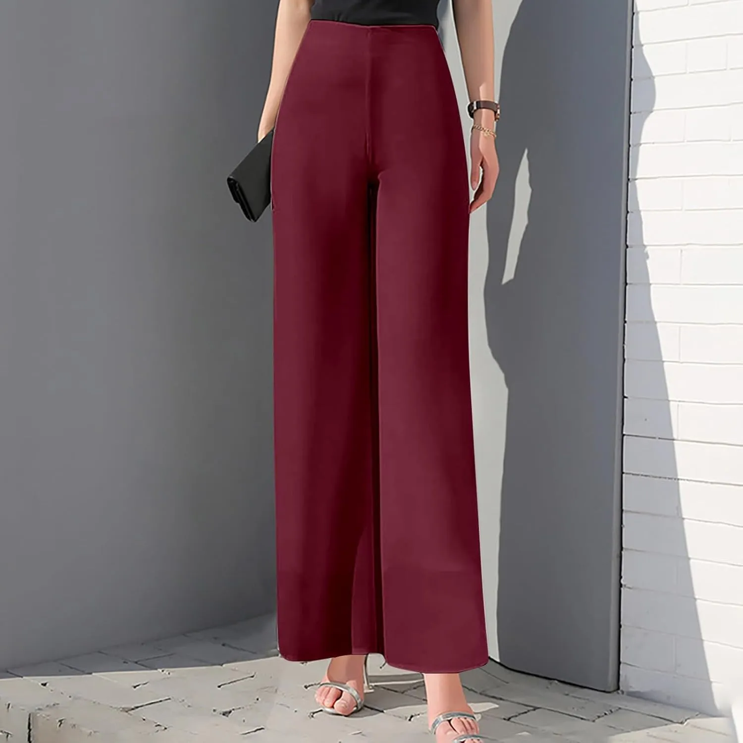 Women's Lightweight Chiffon Straight Suit Pants High Elastic Waist Flowing Trousers Flared Wide Leg Wedding Culottes