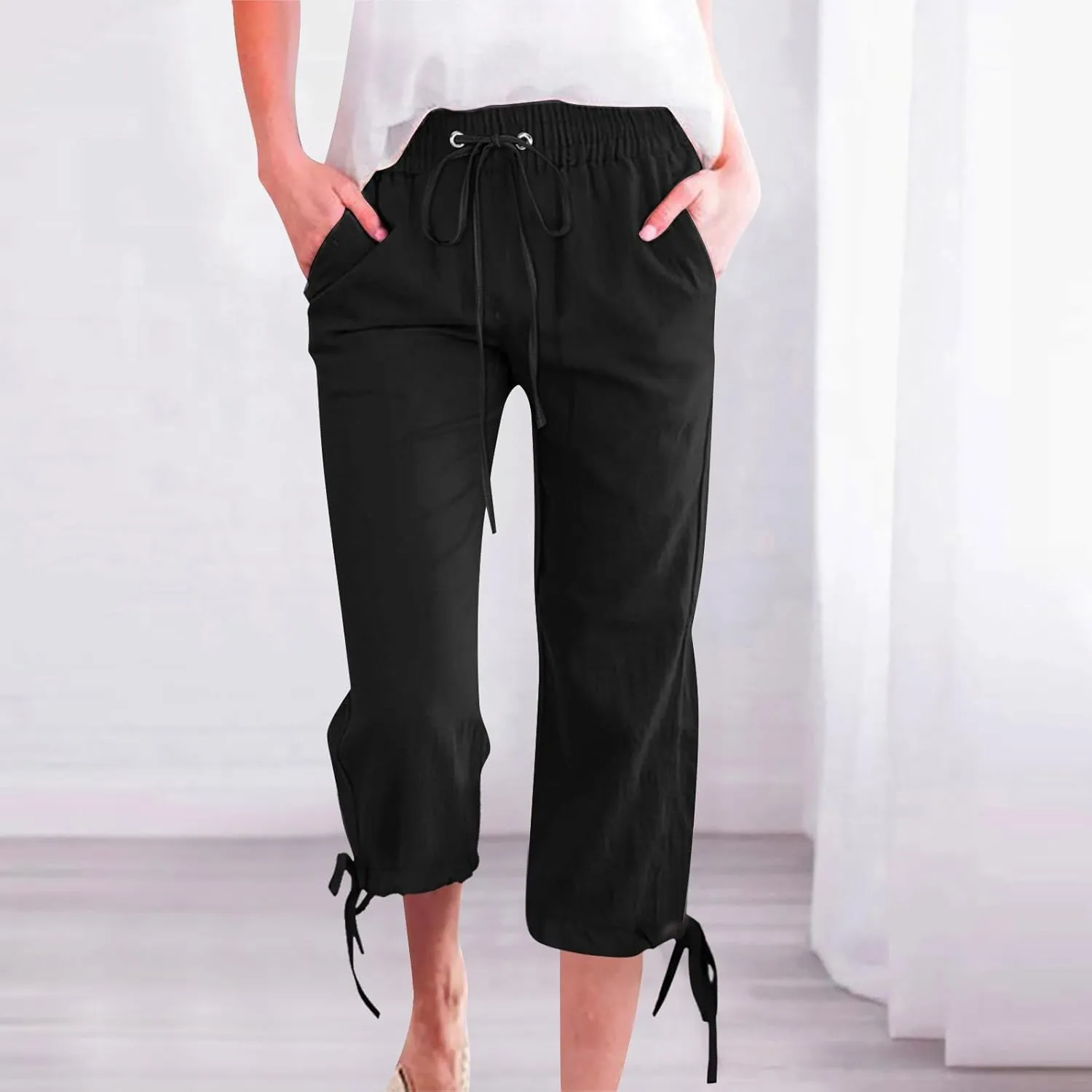 Women's Linen Capri Pants Casual Summer Capris Cotton Elastic Drawstring High Waist Slacks Petite Boho Trousers