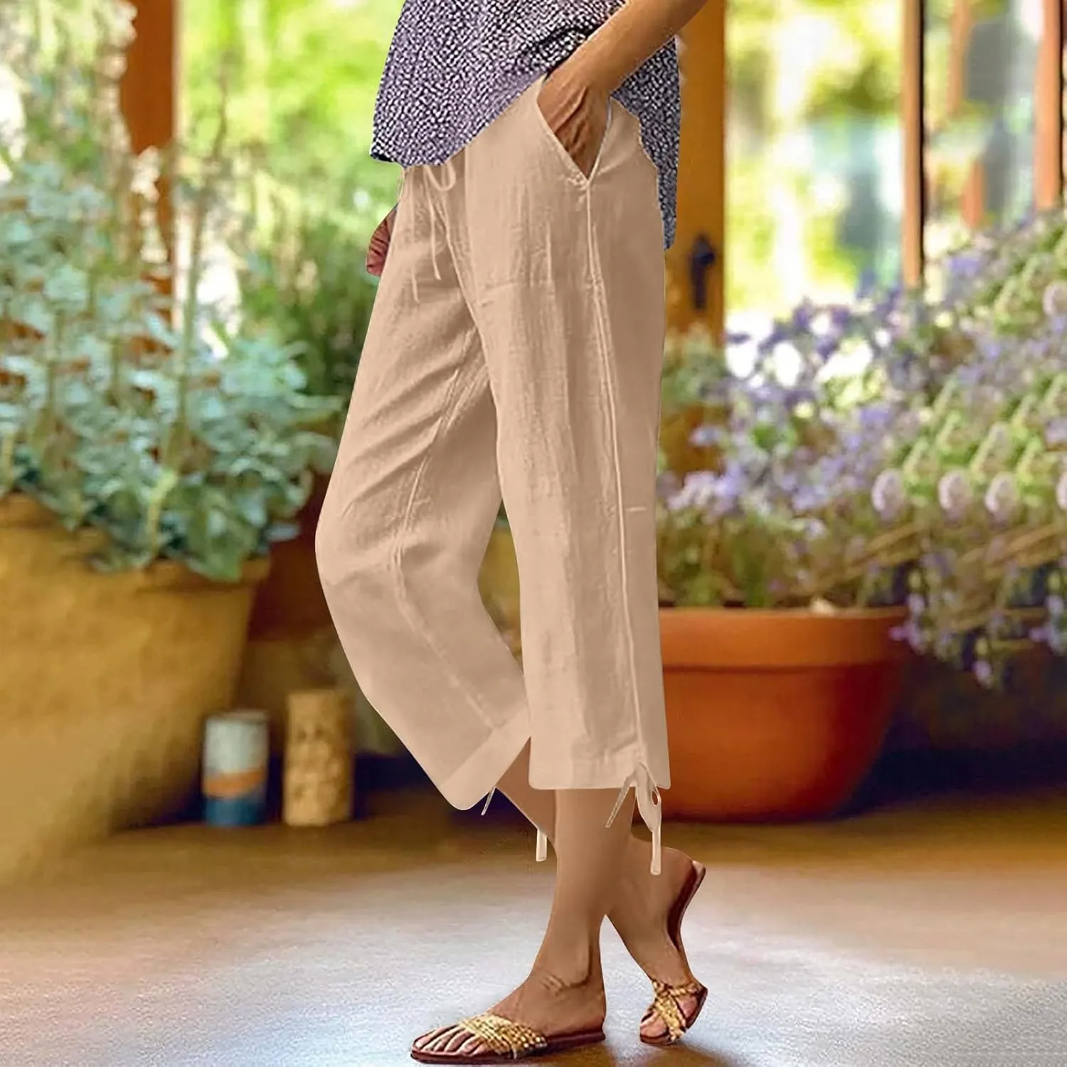 Women's Linen Capri Pants Casual Summer Capris Cotton Elastic Drawstring High Waist Slacks Petite Boho Trousers