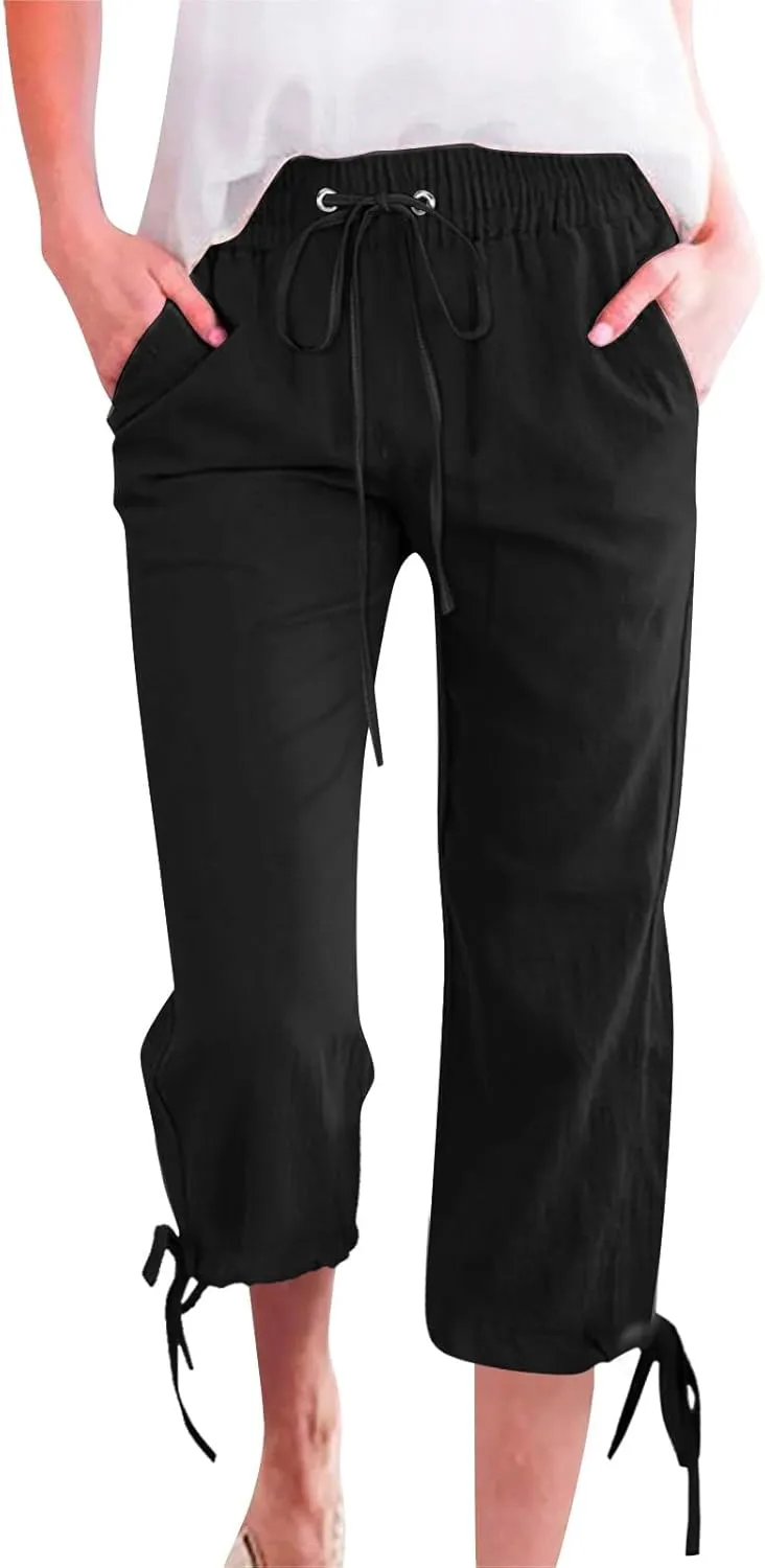 Women's Linen Capri Pants Casual Summer Capris Cotton Elastic Drawstring High Waist Slacks Petite Boho Trousers
