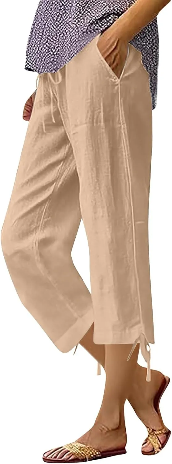 Women's Linen Capri Pants Casual Summer Capris Cotton Elastic Drawstring High Waist Slacks Petite Boho Trousers