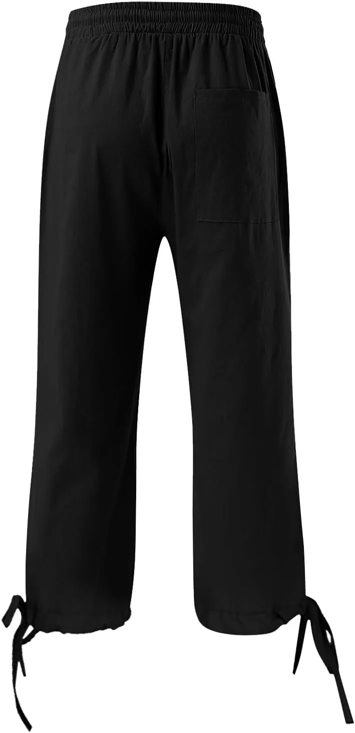 Women's Linen Capri Pants Casual Summer Capris Cotton Elastic Drawstring High Waist Slacks Petite Boho Trousers