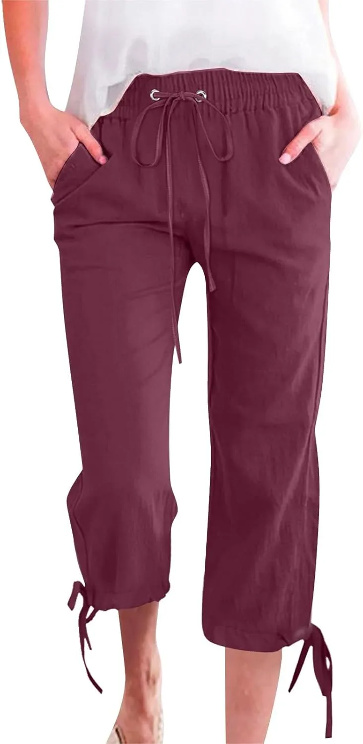 Women's Linen Capri Pants Casual Summer Capris Cotton Elastic Drawstring High Waist Slacks Petite Boho Trousers