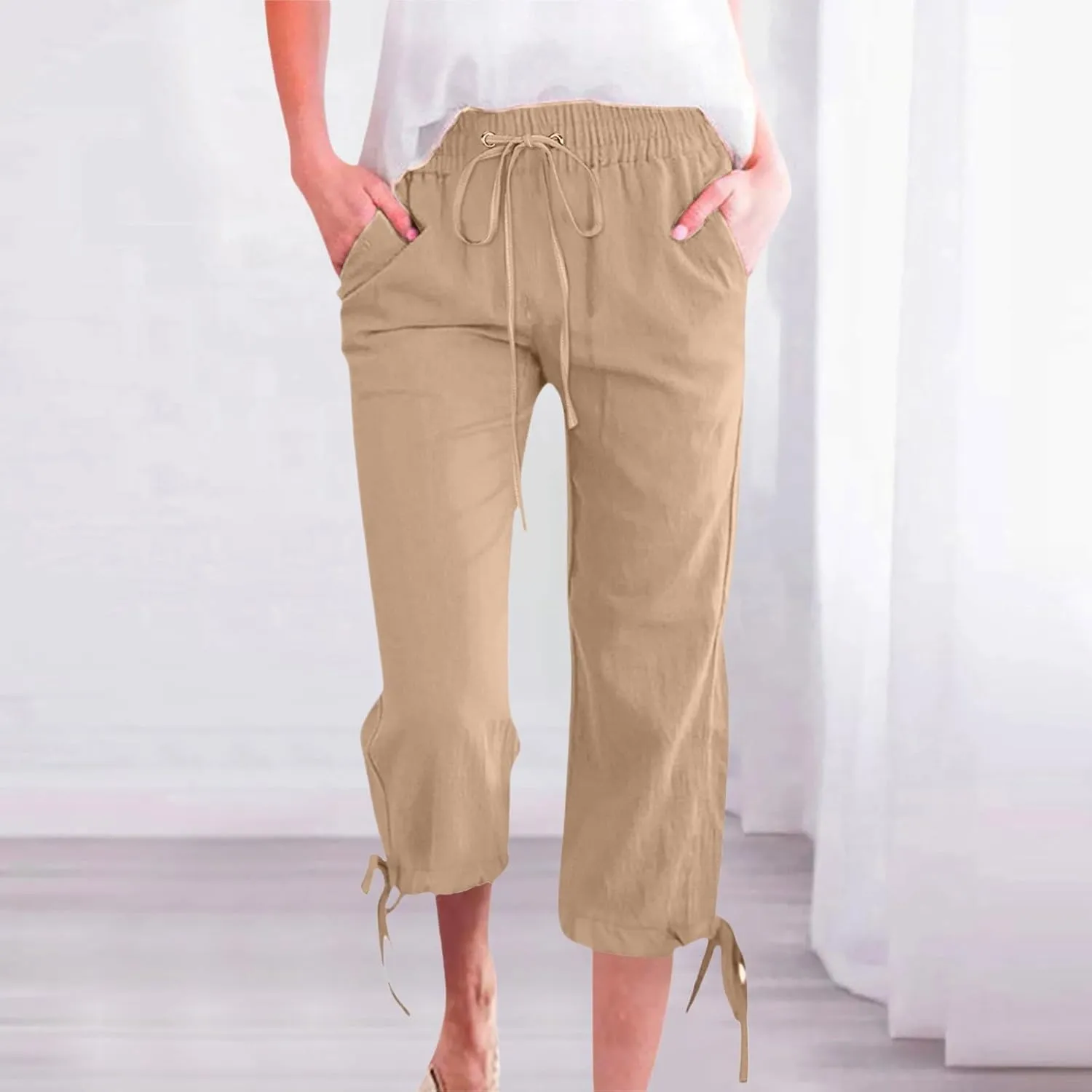 Women's Linen Capri Pants Casual Summer Capris Cotton Elastic Drawstring High Waist Slacks Petite Boho Trousers