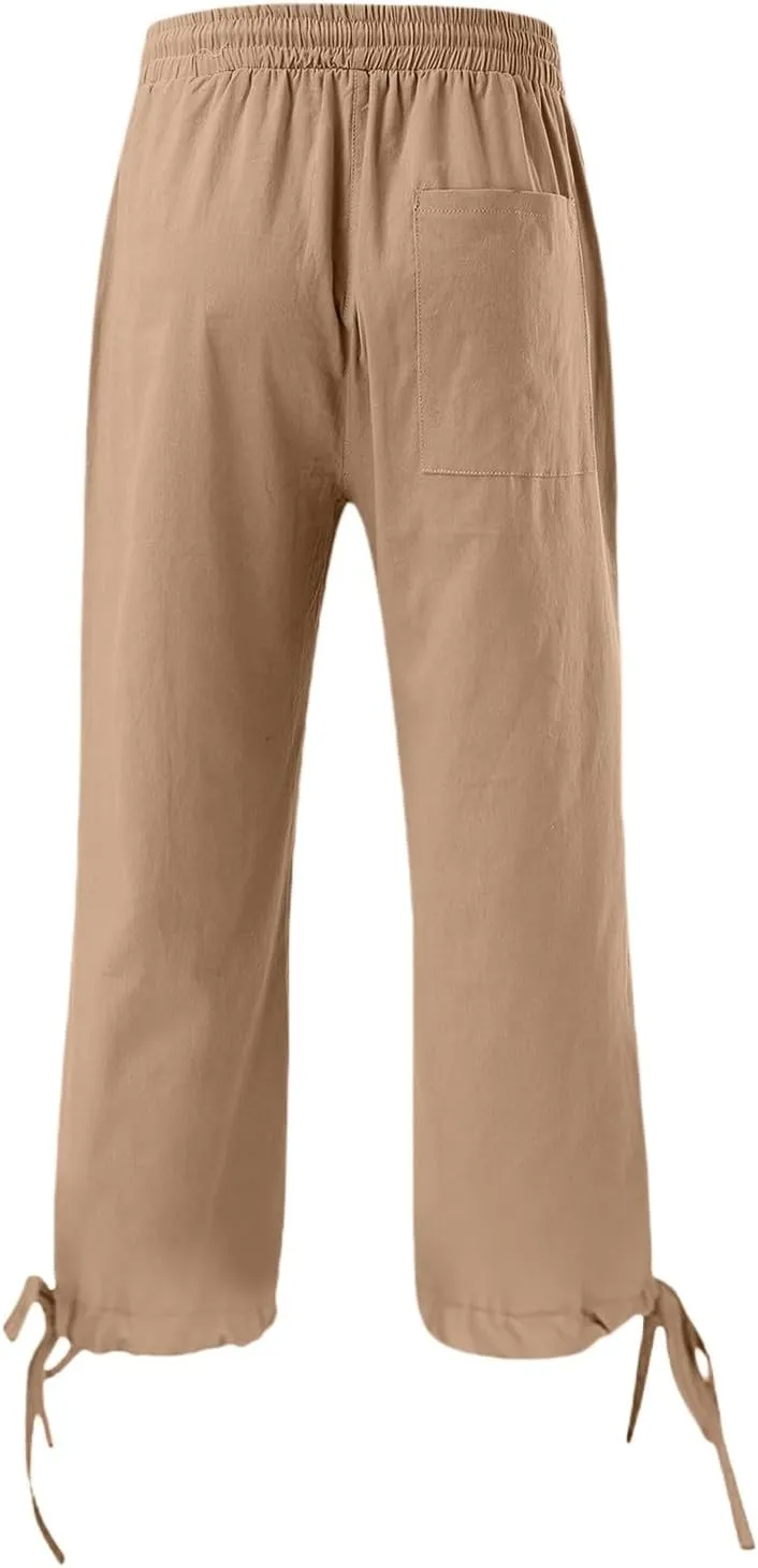 Women's Linen Capri Pants Casual Summer Capris Cotton Elastic Drawstring High Waist Slacks Petite Boho Trousers