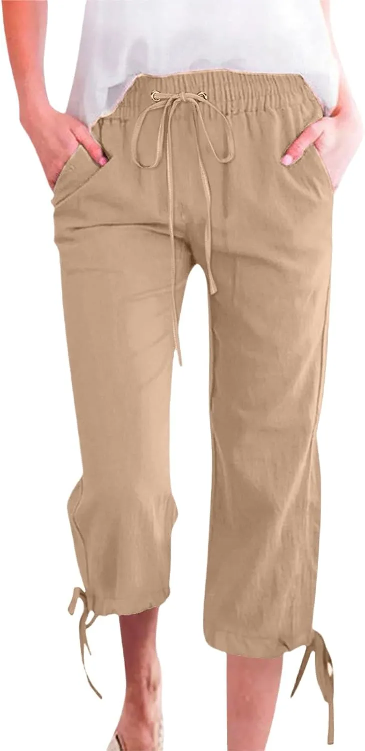 Women's Linen Capri Pants Casual Summer Capris Cotton Elastic Drawstring High Waist Slacks Petite Boho Trousers