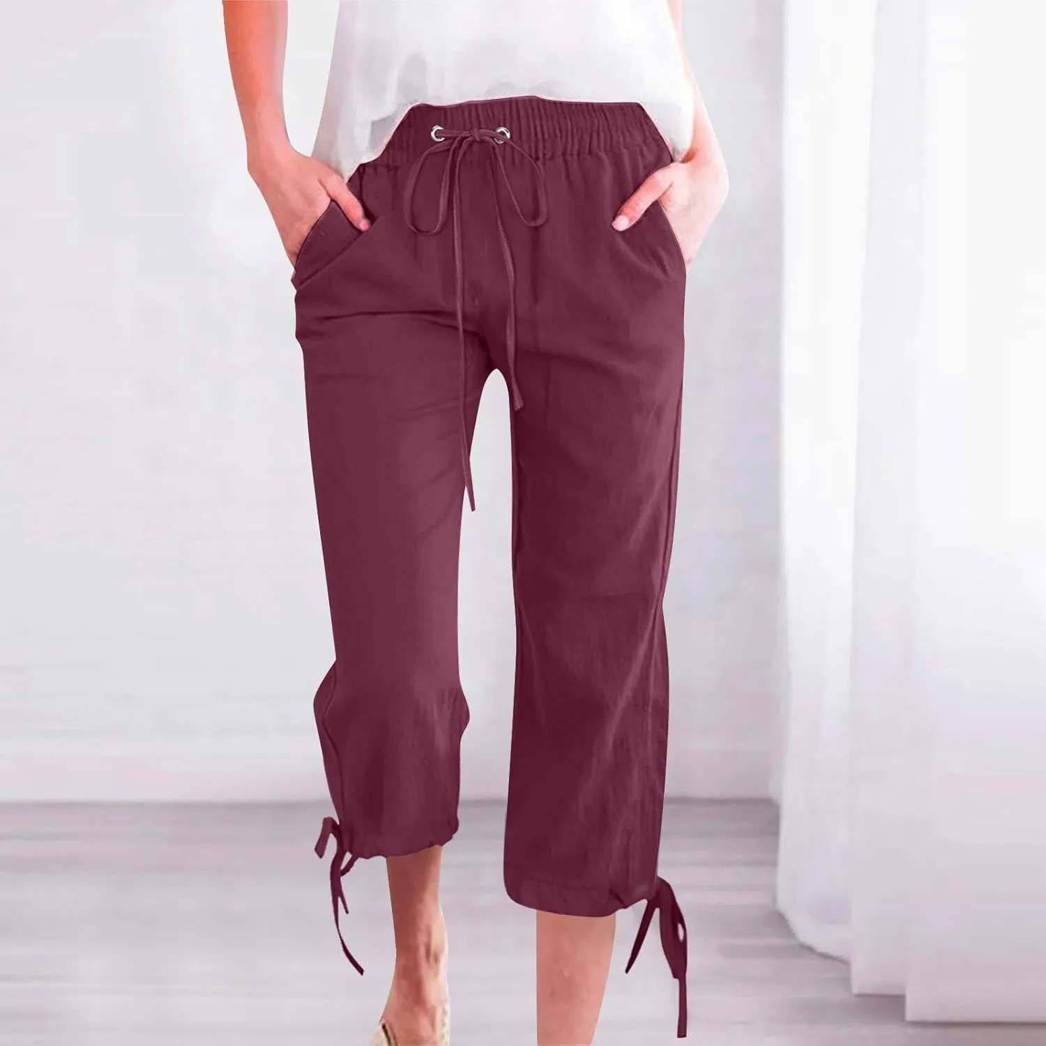 Women's Linen Capri Pants Casual Summer Capris Cotton Elastic Drawstring High Waist Slacks Petite Boho Trousers