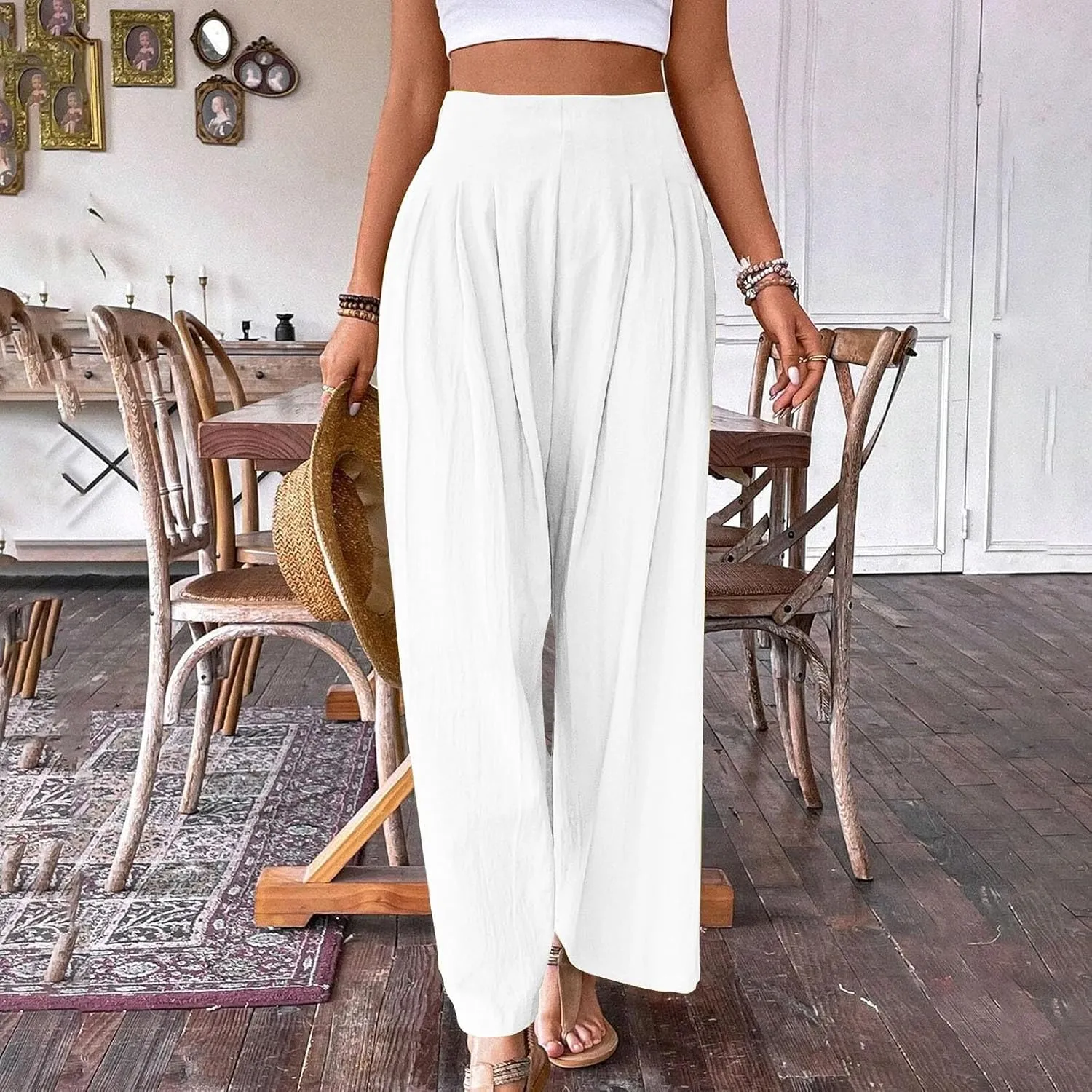 Women's Linen Palazzo Pants Summer Casual Vacation High Waist Wide Leg Trousers Trendy Pleated Beach Lounge Pant 2025