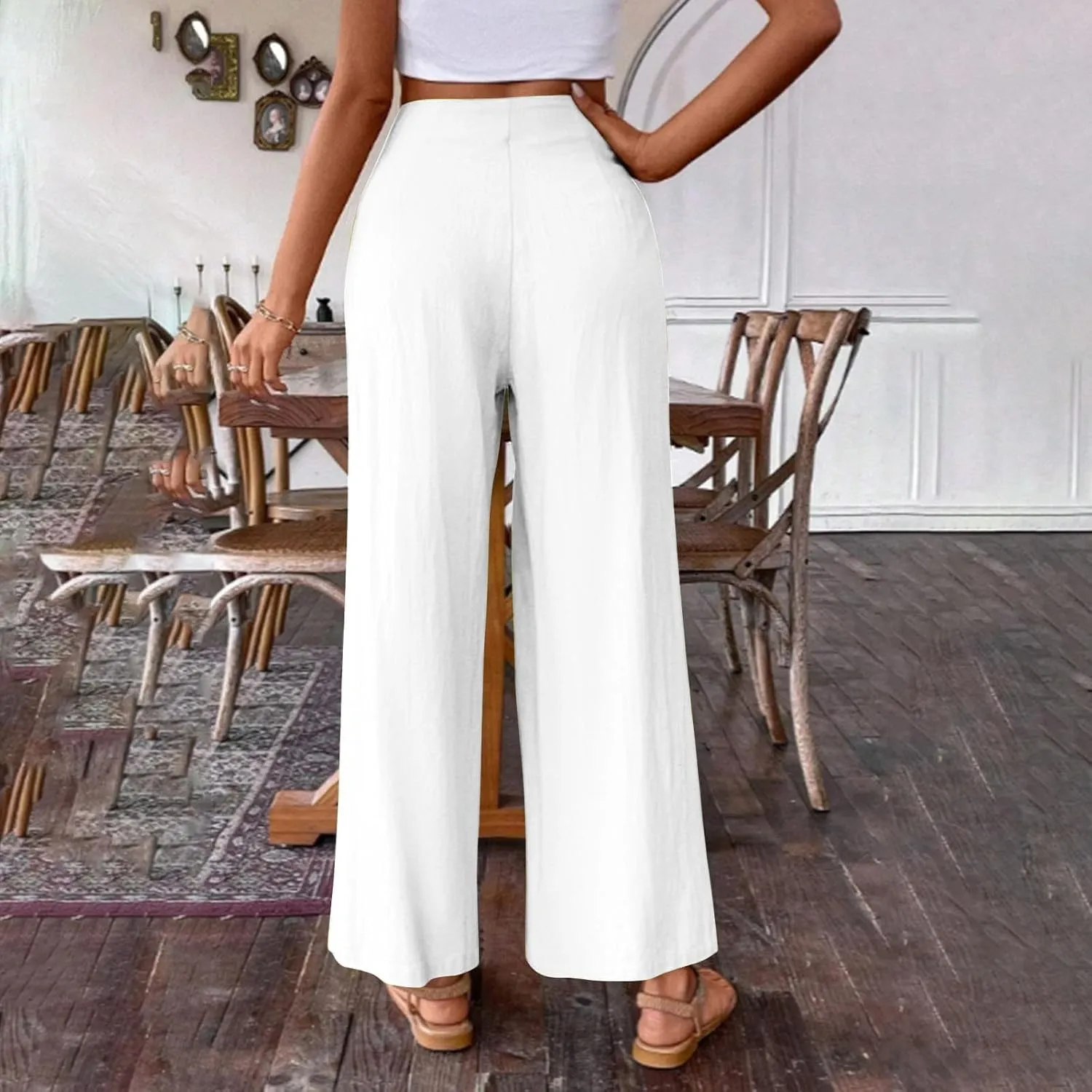 Women's Linen Palazzo Pants Summer Casual Vacation High Waist Wide Leg Trousers Trendy Pleated Beach Lounge Pant 2025