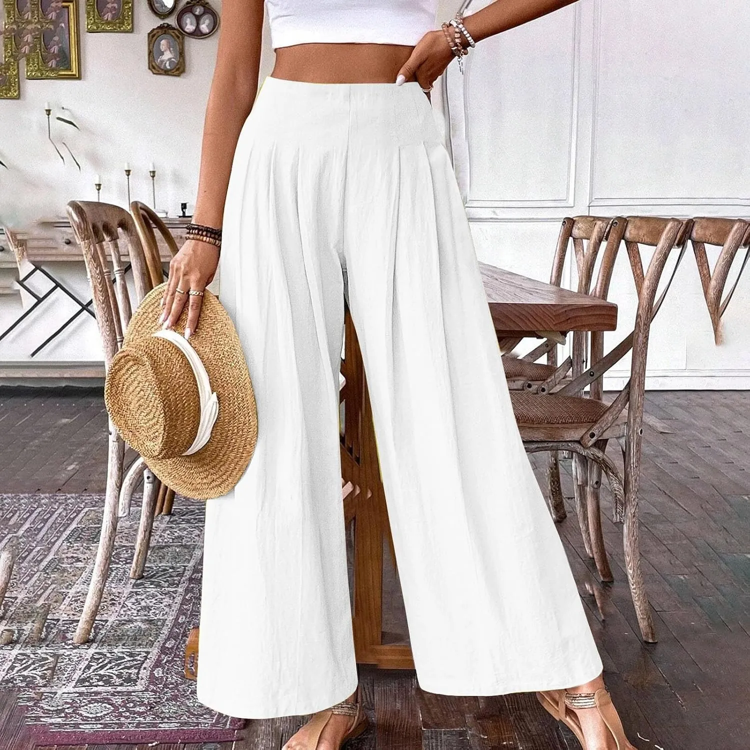 Women's Linen Palazzo Pants Summer Casual Vacation High Waist Wide Leg Trousers Trendy Pleated Beach Lounge Pant 2025