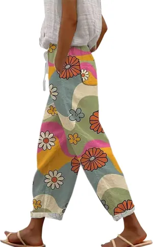Womens Linen Pants Summer Plus Size Elastic Waisted Casual Capri Pants Side Button Drawstring Loose Cropped Pants