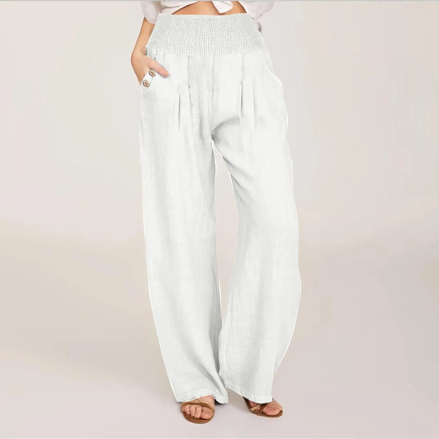 Women's Linen Summer Pants Loose Wide Leg Pants Elastic High Waist Pants Fashion Solid Color Trousers with Pockets