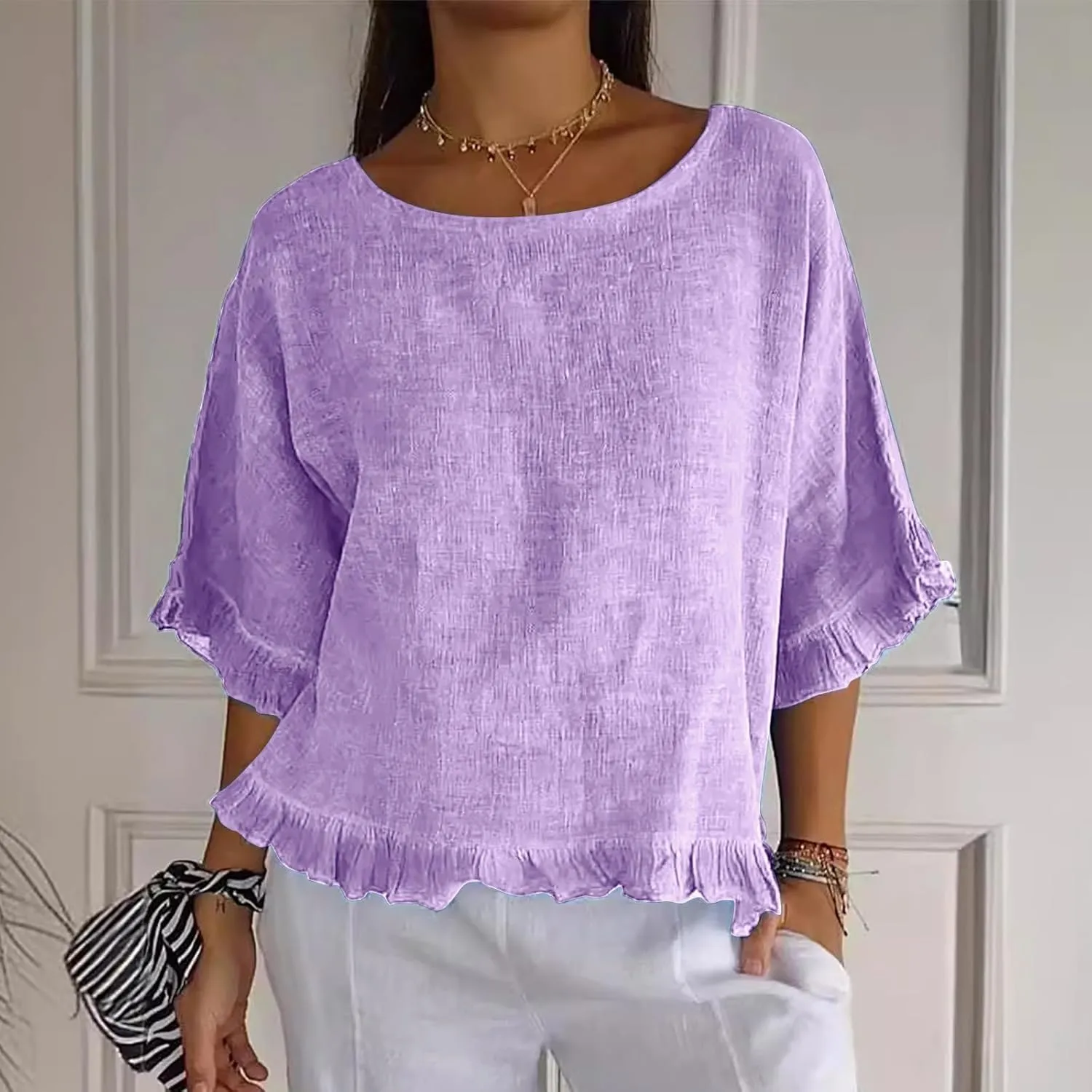 Womens Linen Tops Crewneck Half Sleeve Shirts Casual Loose Fitted Solid Cotton Linen Vacation Summer Outfits